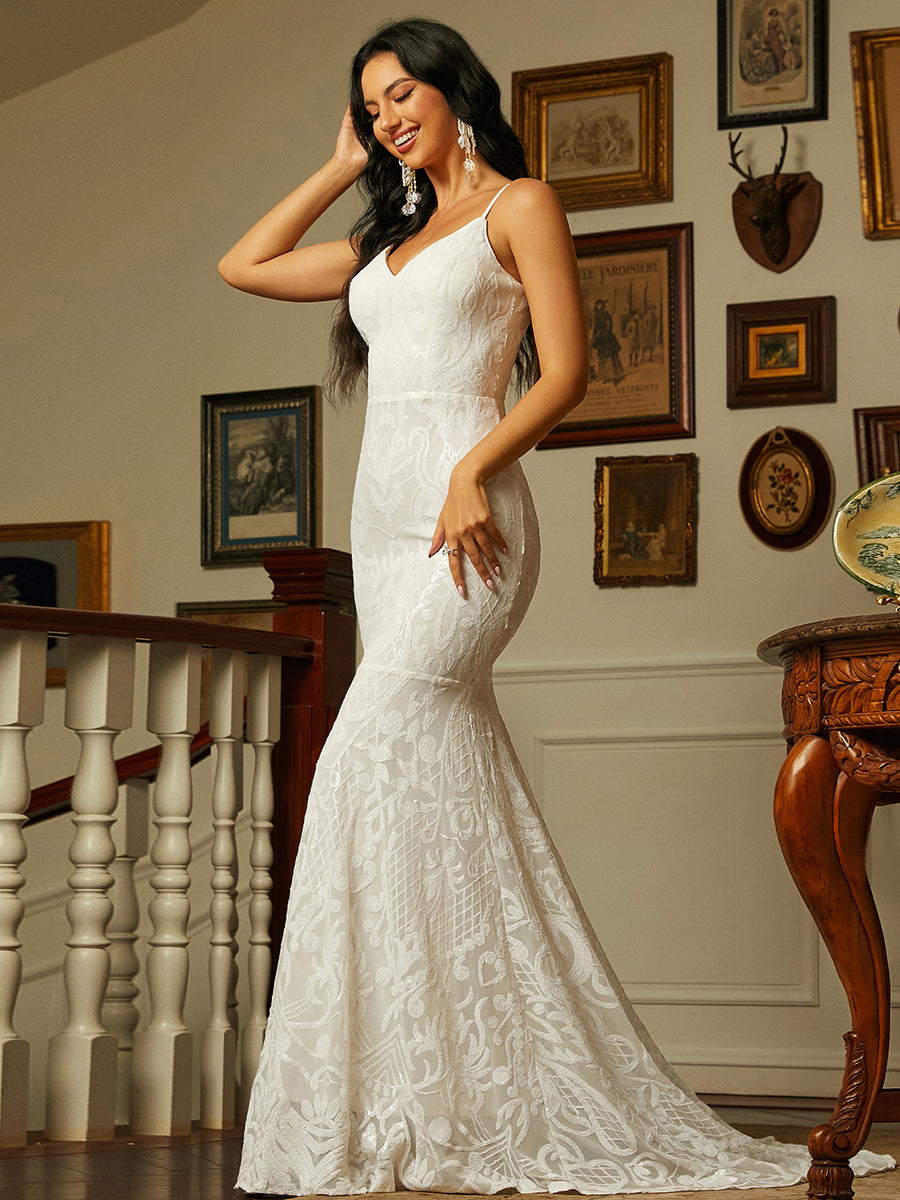 Spaghetti V Neck Mermaid Wedding Dress JMT1139