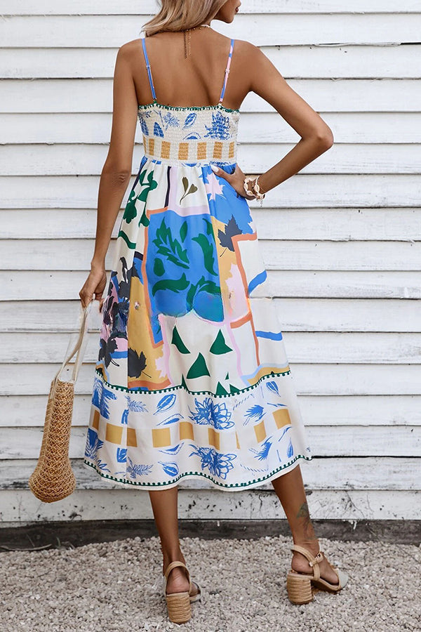 Tea Party Vibes Unique Print Pocketed Smocked Back Midi Dress