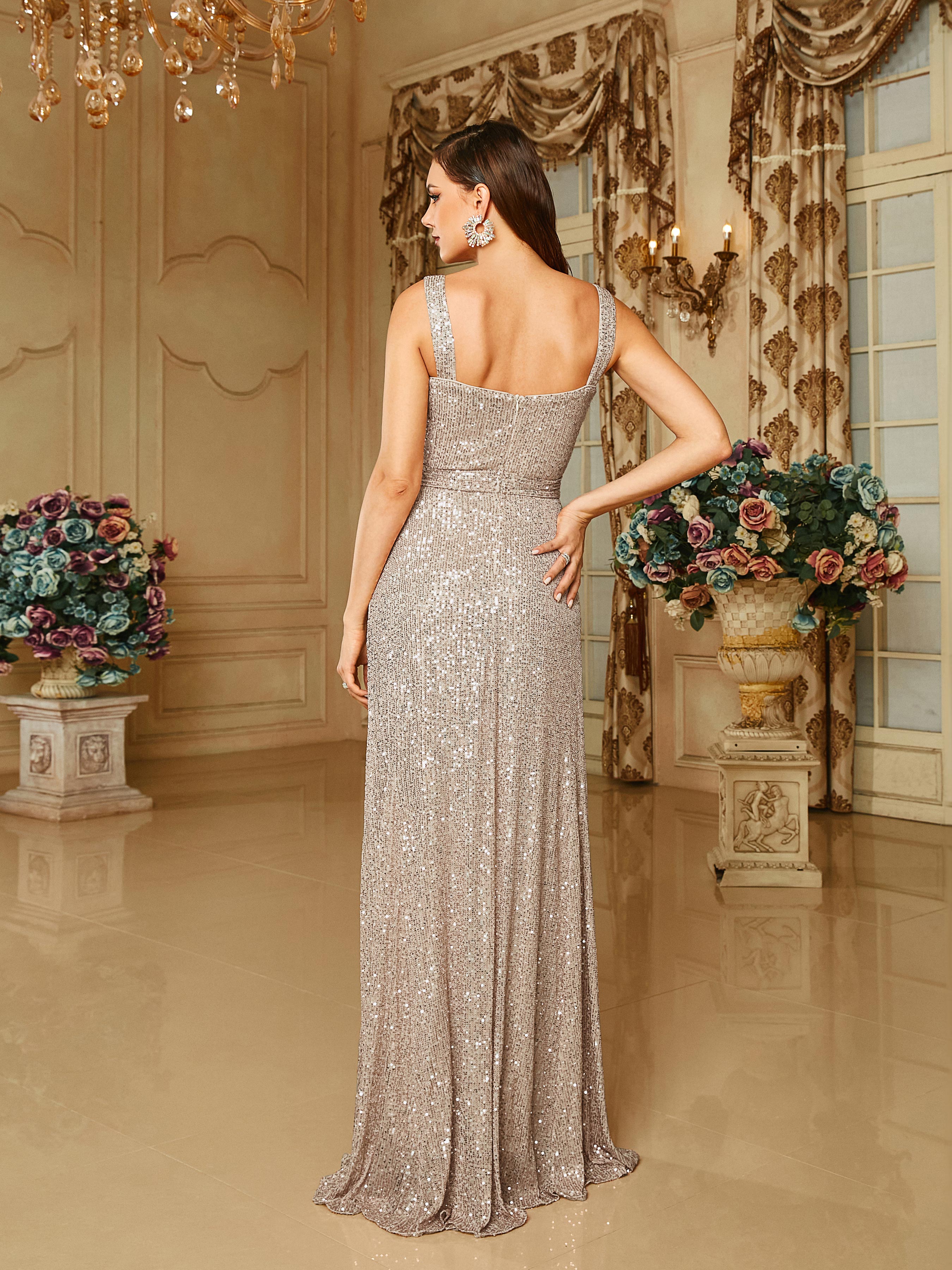 Cold Shoulder Belt A-line Sequin Apricot Prom Dress RM20669