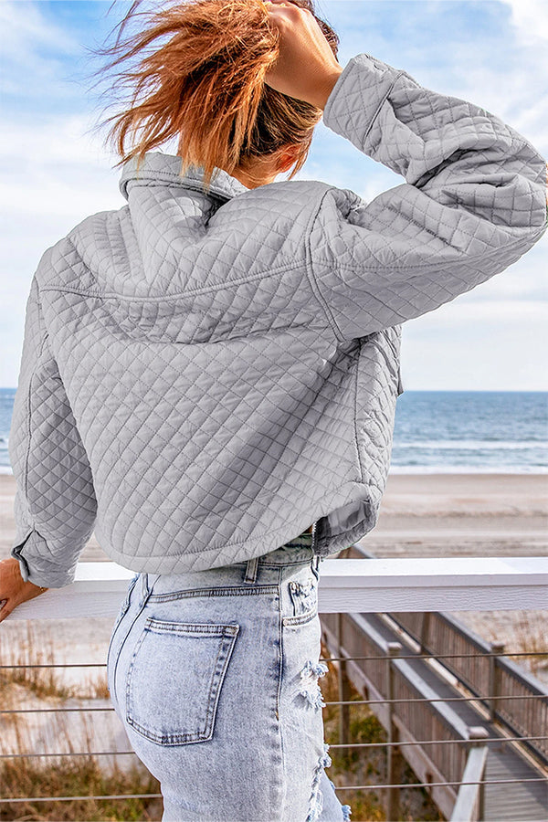 Gray Quilted Pocketed Zip Up Cropped Jacket