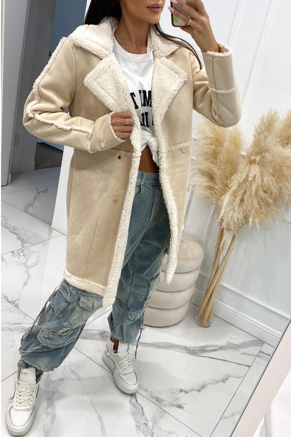 Single Breasted Multi Button Solid Color Long Sleeved Sherpa Coat