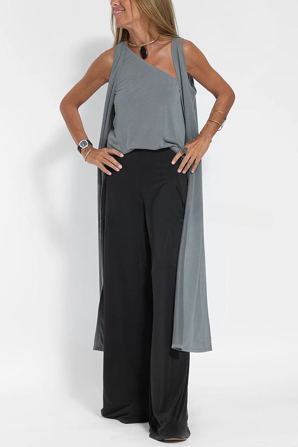 Modal One Shoulder Tank & Stretch Wide-leg Pants& Midi Vest Three Pieces Suit