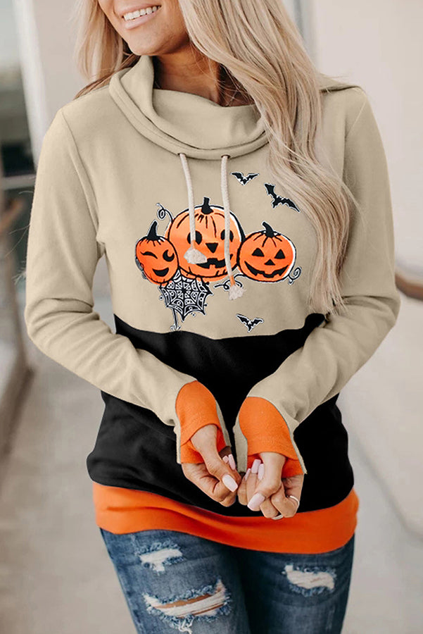 Halloween Pumpkin Print Long Sleeve Drawstring Hoodie