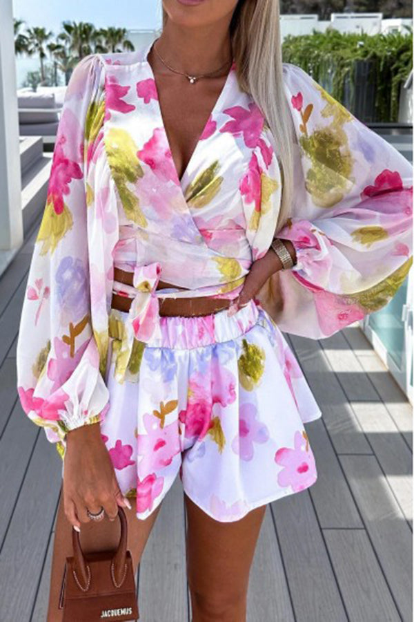 Floral Printed Balloon Sleeve V Neck Shirt Elastic Waist Straight Leg Shorts Set