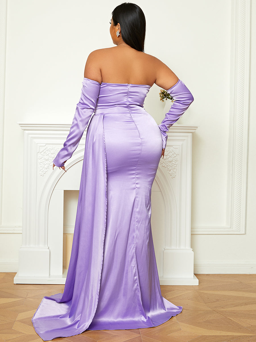 Strapless Slit Satin Floor Length Formal Dress With Gloves XH2211