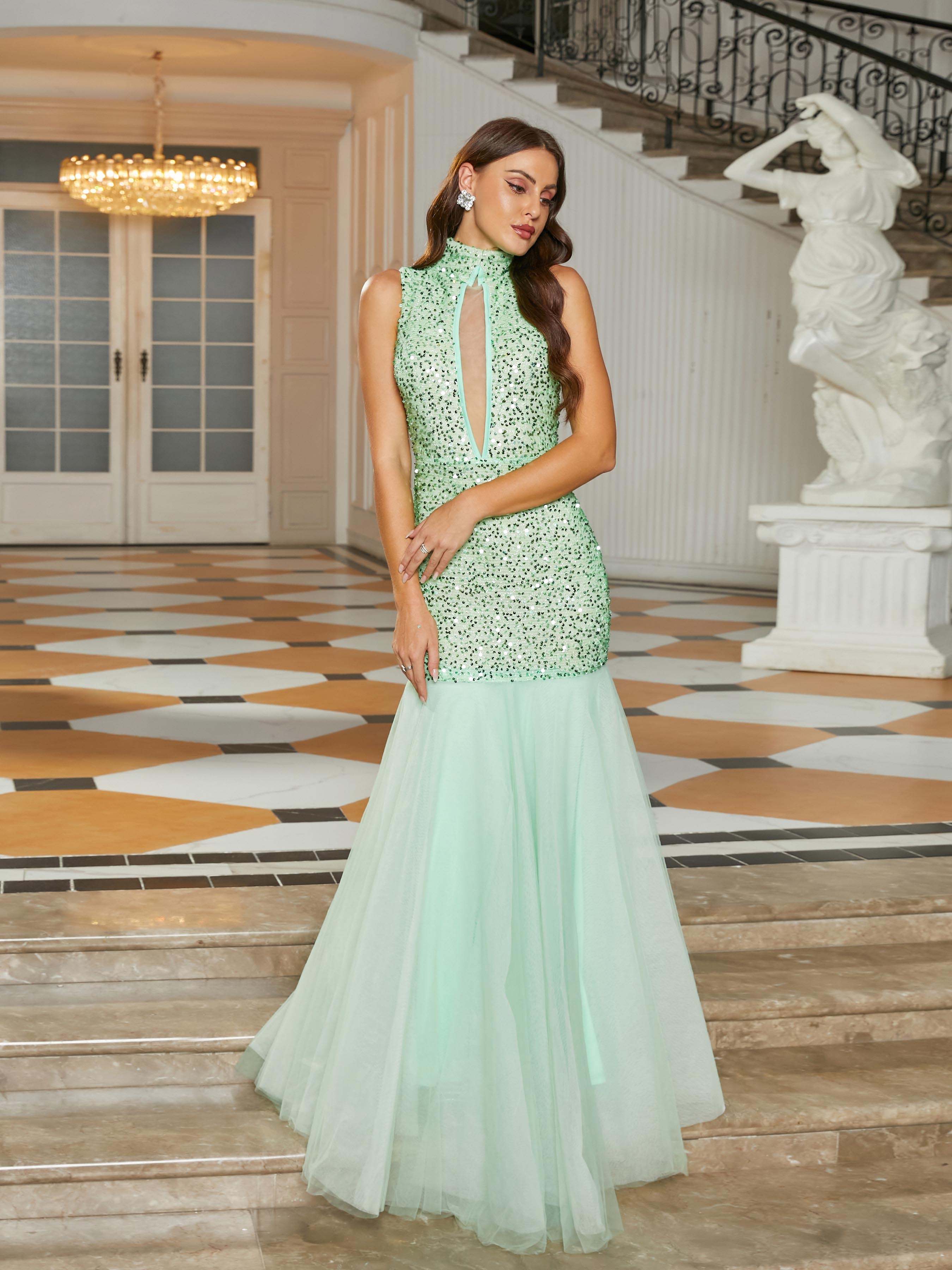 Stand Collar Cut Out Sage Green Mermaid Dress RJ10605