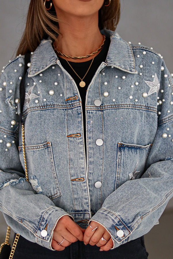 North Star Embellished Beaded Pocketed  Denim Jacket