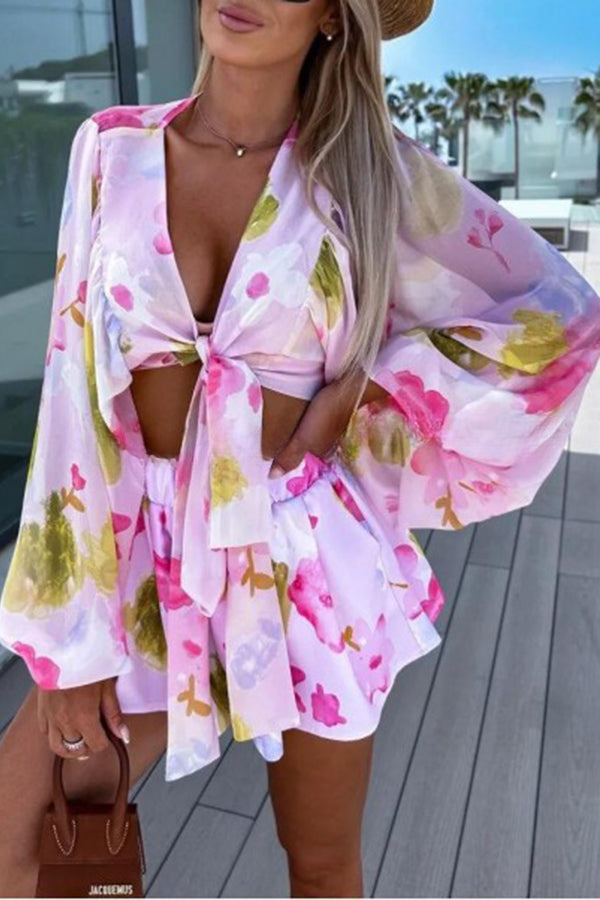 Floral Printed Balloon Sleeve V Neck Shirt Elastic Waist Straight Leg Shorts Set