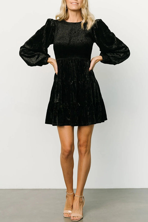 Kele Velvet Balloon Sleeve Patchwork Smocked Crew Neck Mini Dress