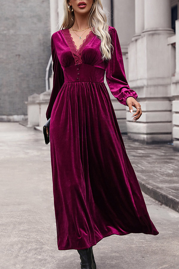 Lace Paneled Buttoned High Waist Pleated Velvet Dress