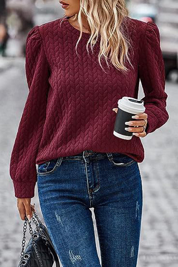 Puff Sleeve Pleated Crewneck Sweatshirt