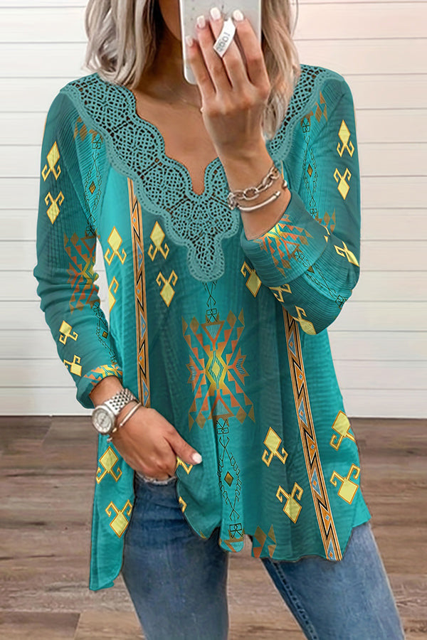 Mexican Past Hippie Ethnic Print Lace Trim Stretch T-shirt