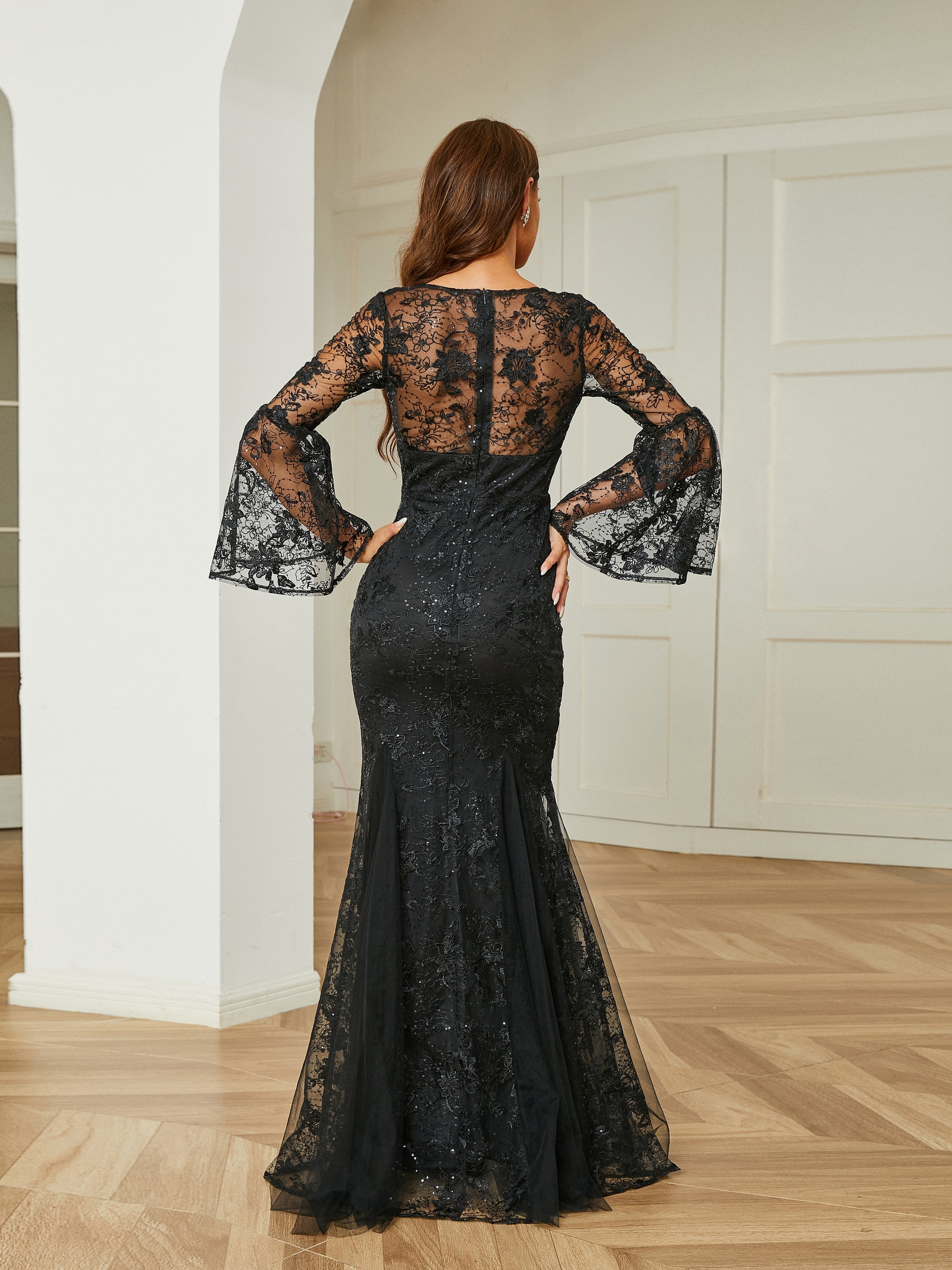 Lace Embroidered Black Formal Evening Dress RH30552