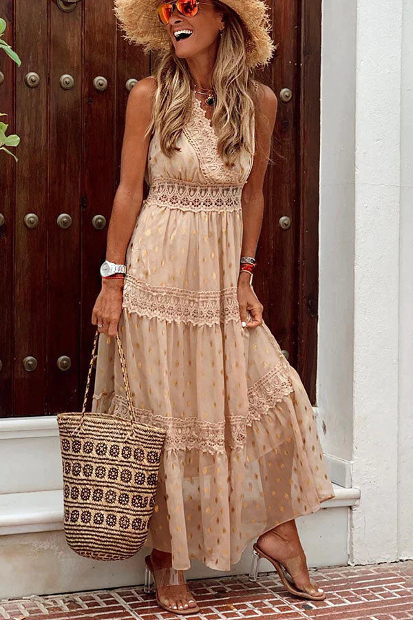 Antonia Golden Polka Dots Crochet Lace Maxi Dress