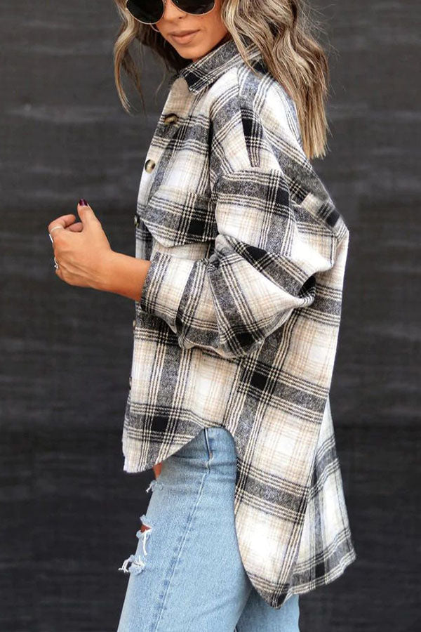 Autumn and winter long sleeve loose plaid shirt woolen coat