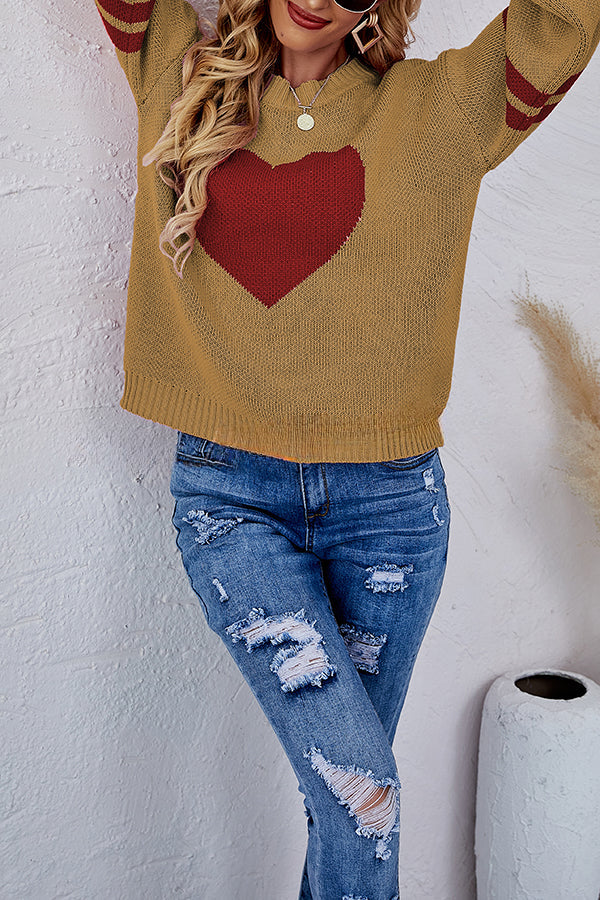 Contrast Color Round Neck Pullover Love Heart Knitted Long Sleeved Sweater