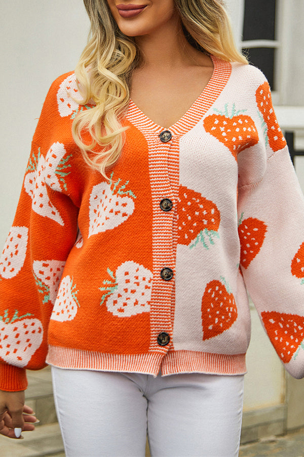 V Neck Button Down Strawberry Pattern Cardigan