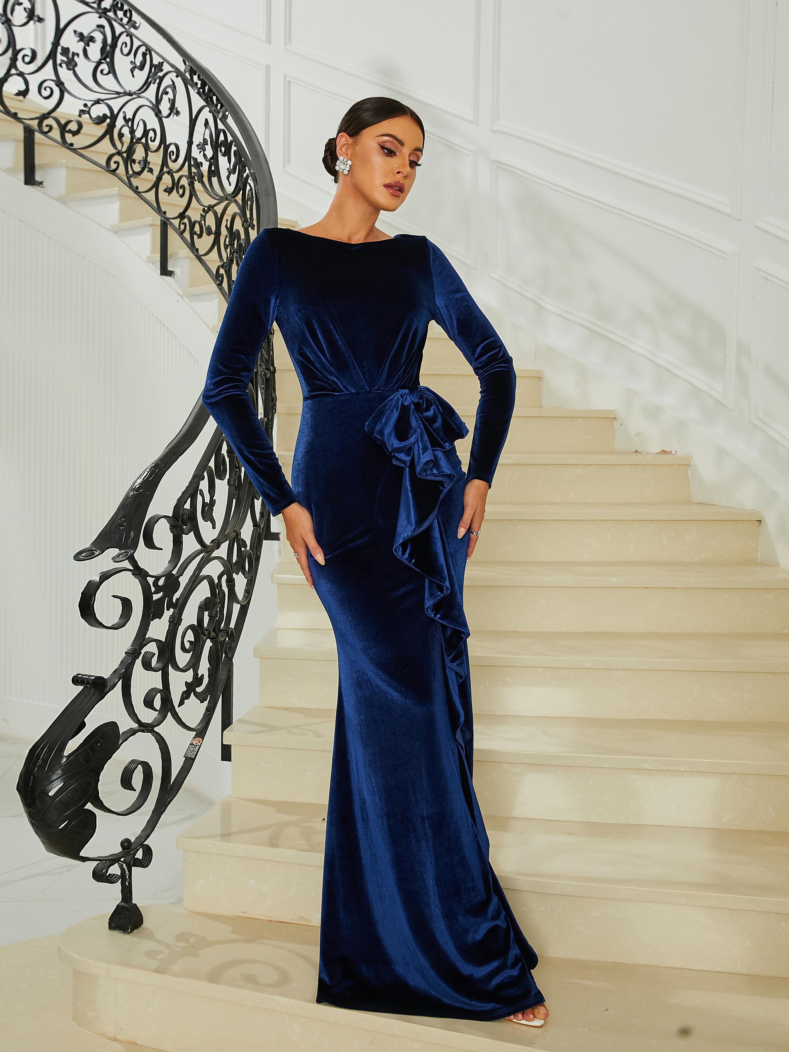 Formal Ruffled Velvet Blue Evening Dress M02307