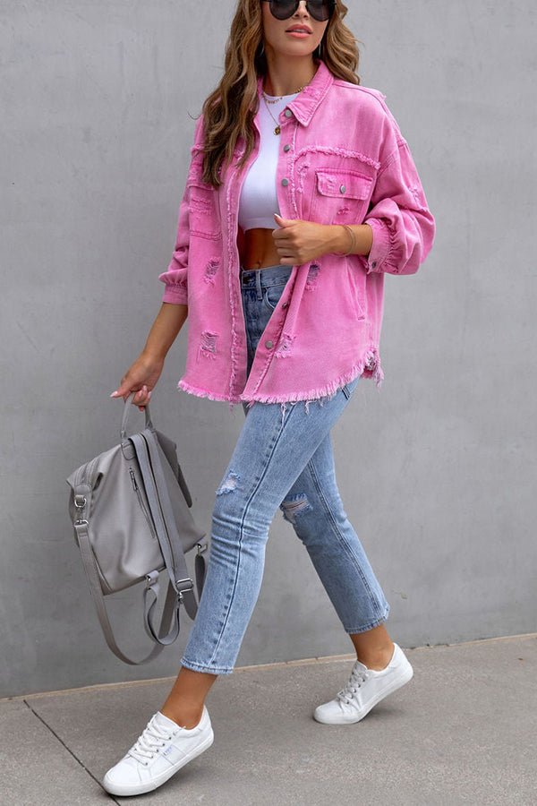 Thinking Out Loud Pocketed Frayed Denim Shacket