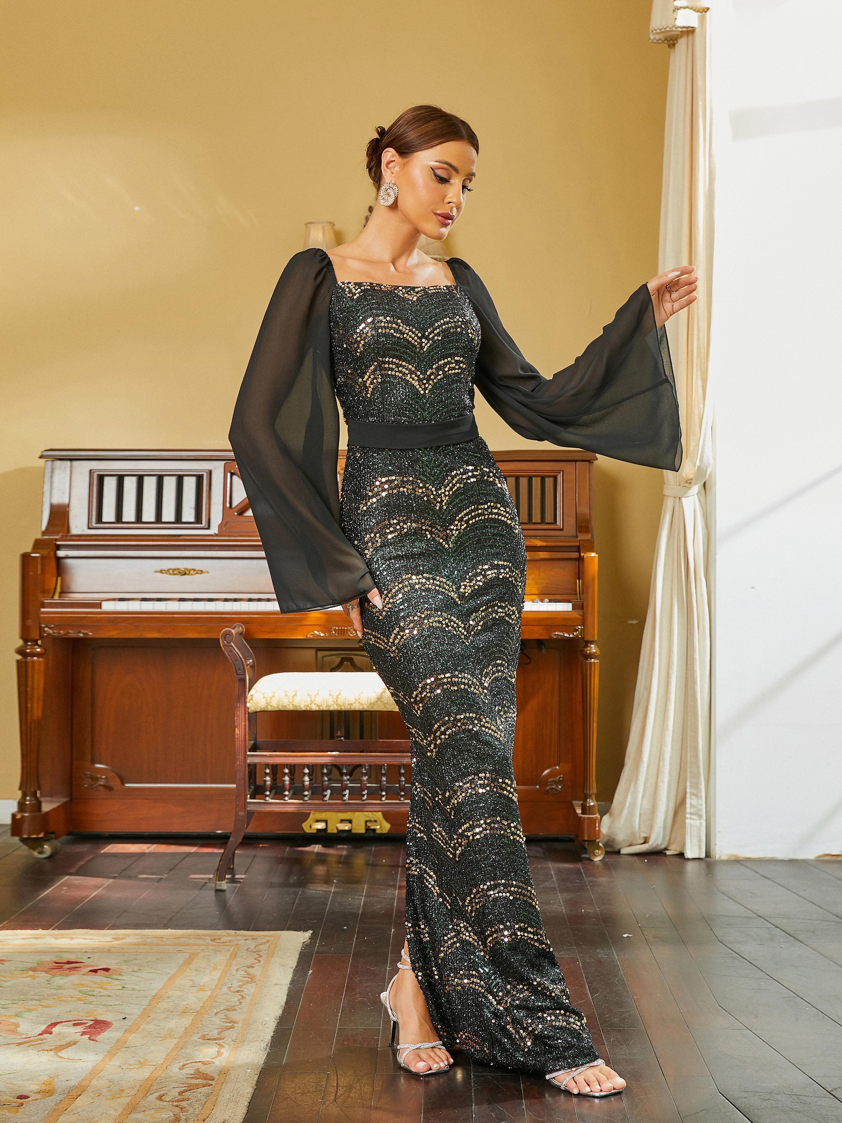 Bell Sleeve Square Neck Black Maxi Sequin Evening Dress RM20619