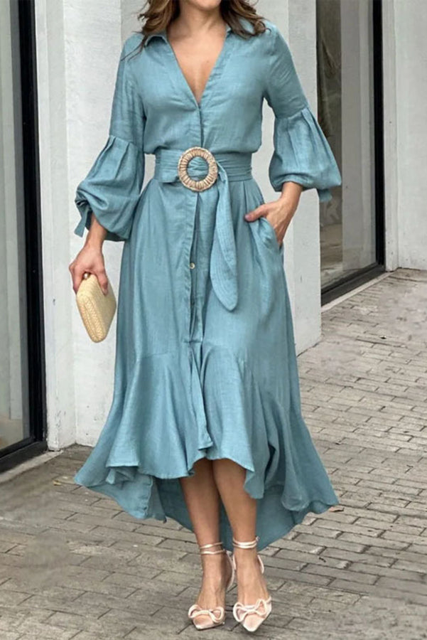 Full-Sleeve V Neck Belt Button Pocket Midi Dress