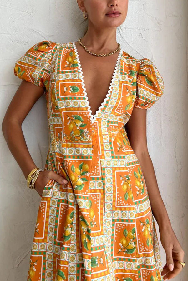 A Sweet Haze Linen Blend Orange Mosaic Puff Sleeve Pocketed Maxi Dress