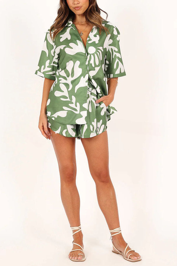 Summer Is Coming Printed Button Up Blouse and Elastic Waist Pocketed Shorts Set