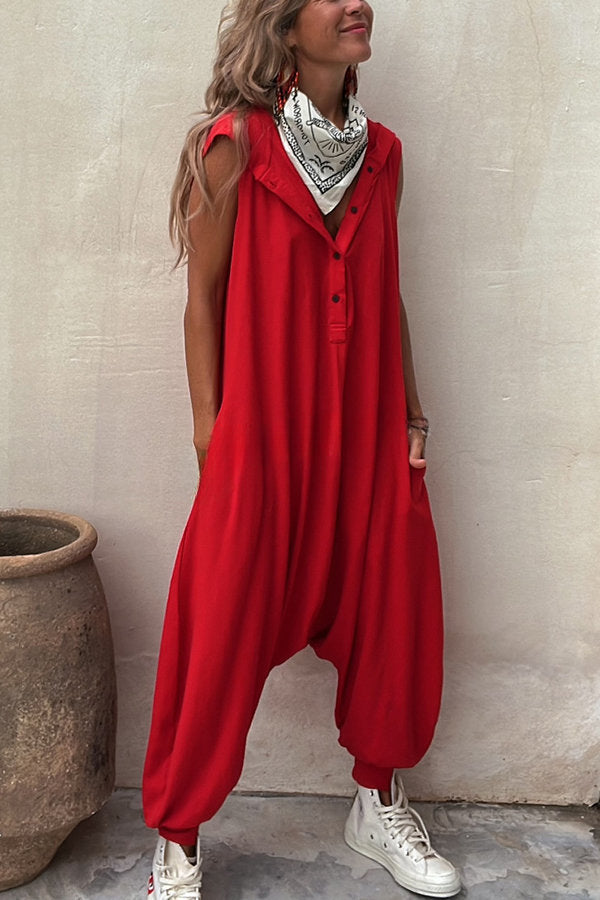 Let's Chill Pocketed Half Button Hooded Loose Jumpsuit