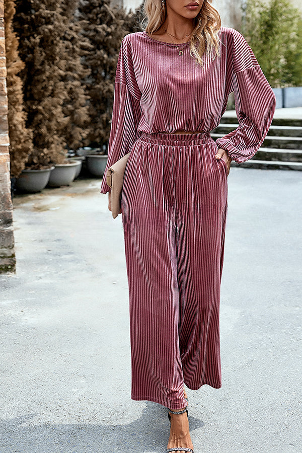 Velvet Long Sleeved Top and Wide Leg Pants Two Piece Set