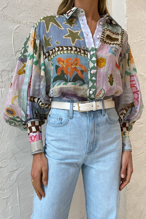 Fun and Nostalgic Unique Print Balloon Sleeve Button Loose Shirt