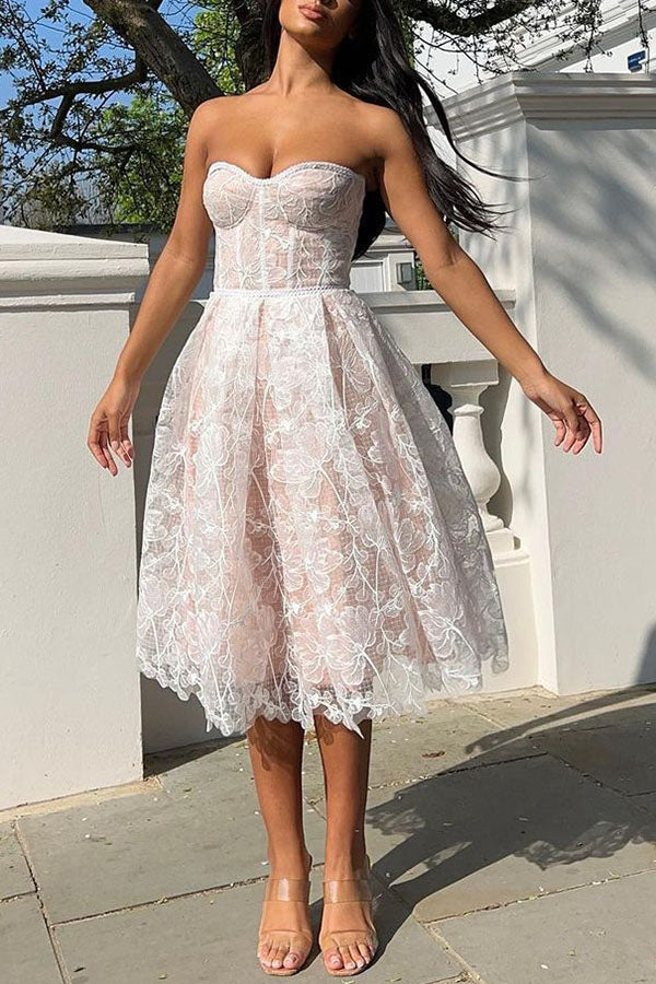 Olivia Floral Embroidered Lace Strapless Midi Dress