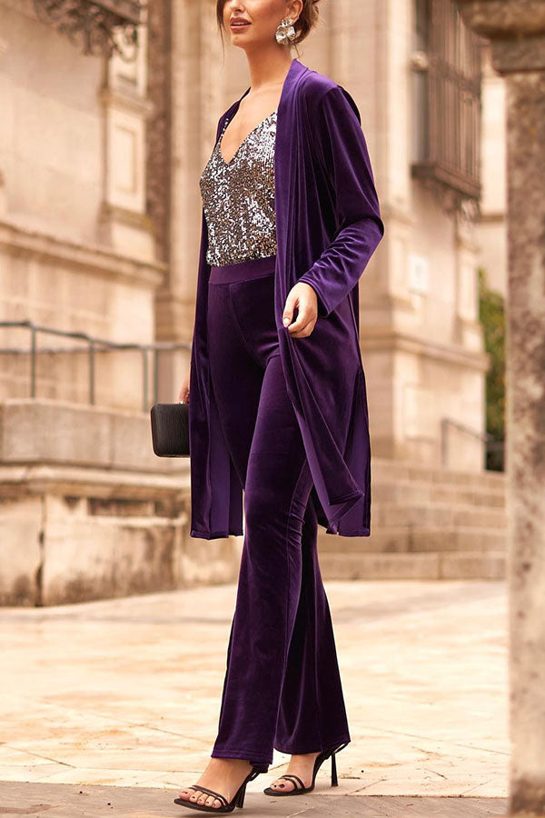 Luxe Lady Velvet Long Sleeve Open Front Drape Midi Kimono