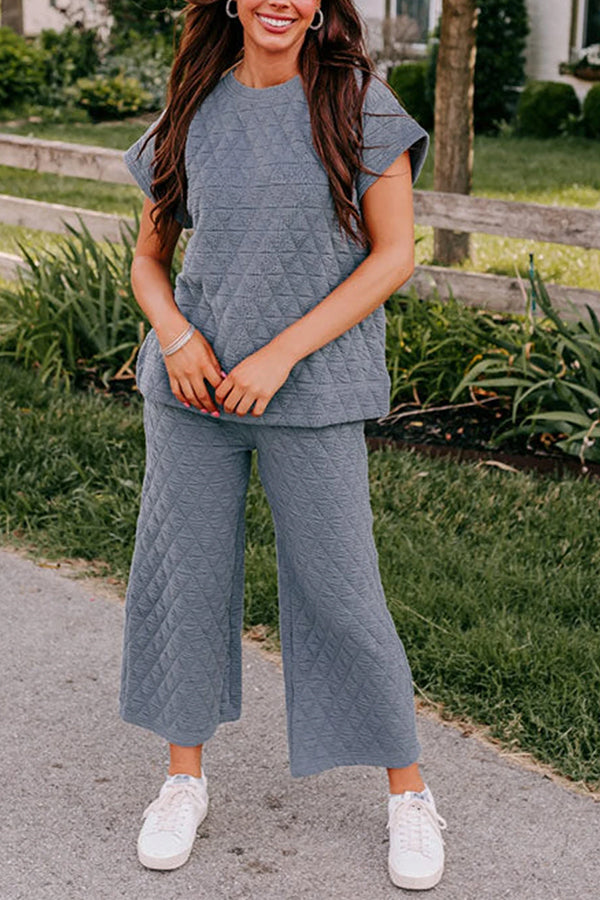 Quilted Textured Short Sleeve Top and Wide Leg Pants Set