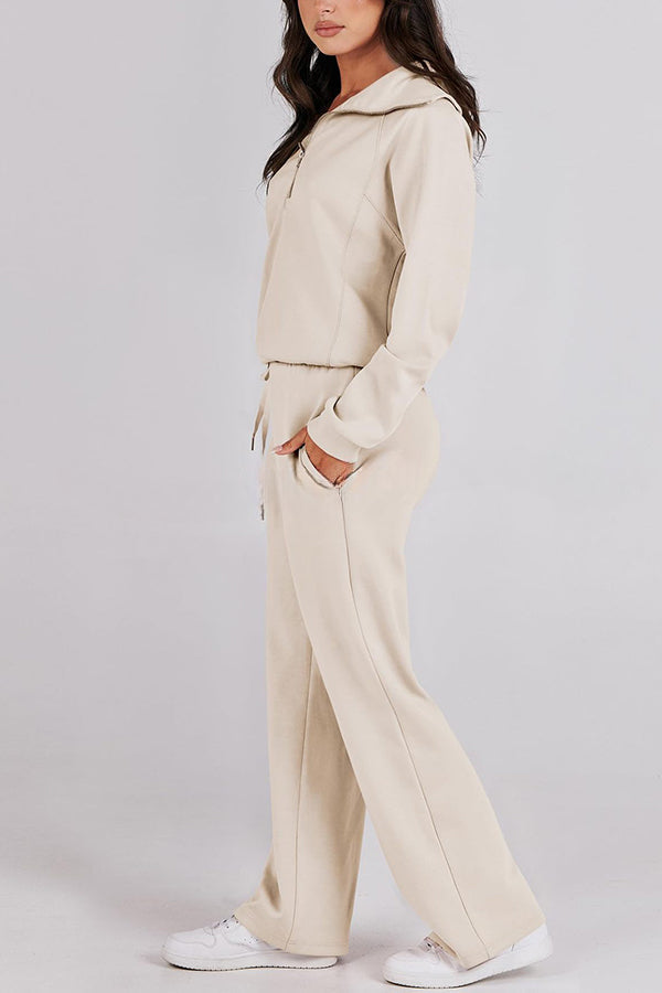 Comfy and Cute Zipper Pullover and Elastic Waist Pocket Lounge Pants Suit