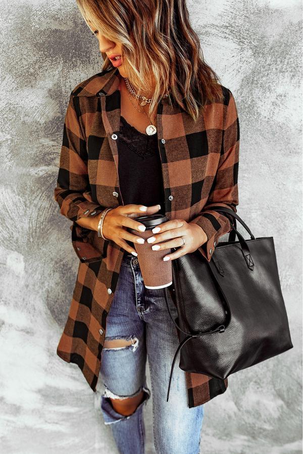 Turn-down Collar Plaid Shirt Coat