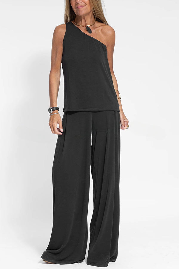 Modal One Shoulder Tank & Stretch Wide-leg Pants& Midi Vest Three Pieces Suit