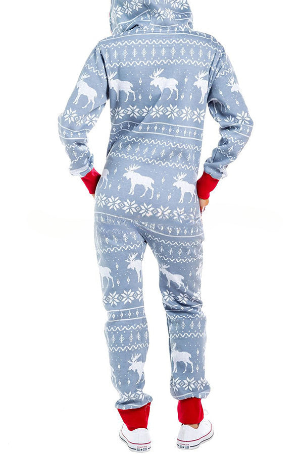 Christmas Print Zipper Pocketed Hooded Loungewear Jumpsuit