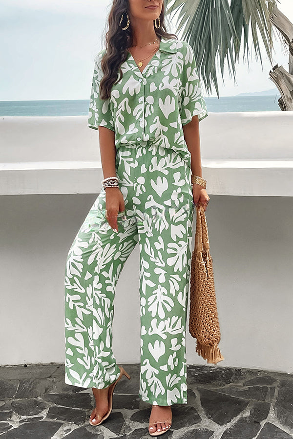 Fun Printed Button Pocket Long Sleeve Shirt and Elastic Waist Pants Set