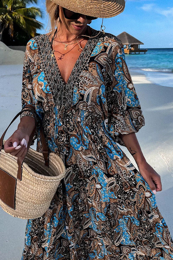 Ocean Sunset Paisley Print Boho Maxi Dress