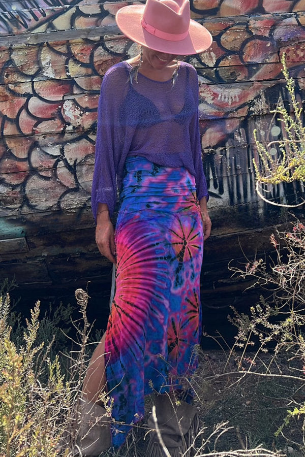 Preston Tie-dye Print Ruched Waist Stretch Slit Maxi Skirt