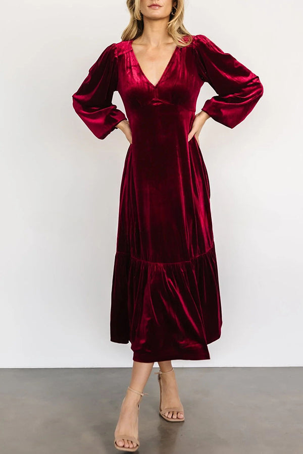 Erika Puff Sleeved Velvet Ruffled Midi Dress