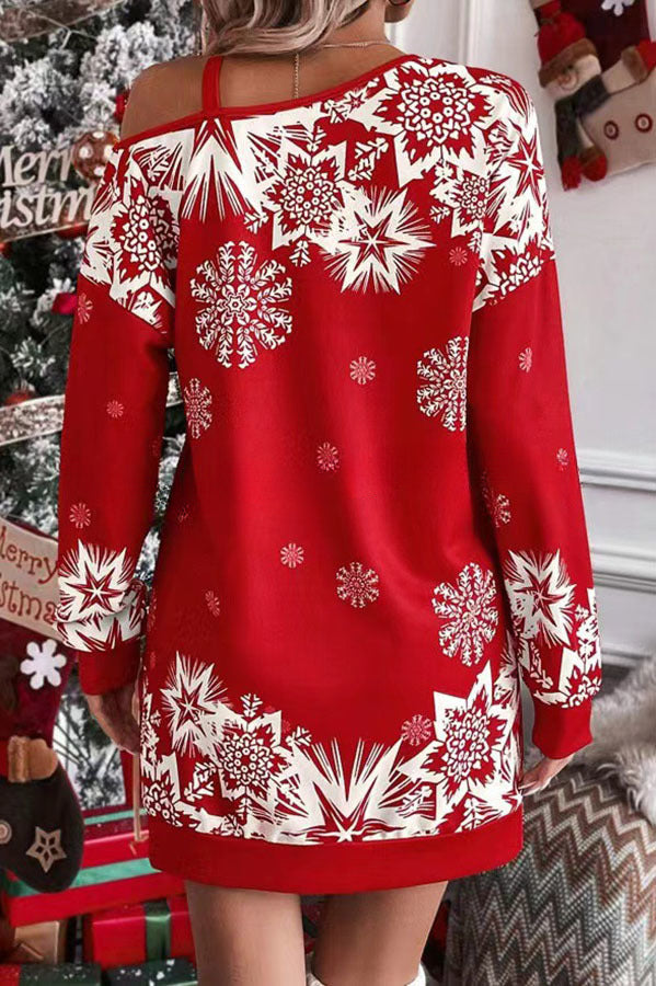 Christmas Snowflake Cold Shoulder Loose Sweatshirt Mini Dress