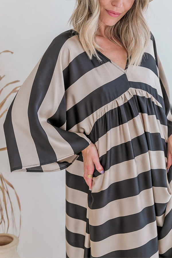 Black Striped Colorblock Flounce Sleeve Floor Length Dress