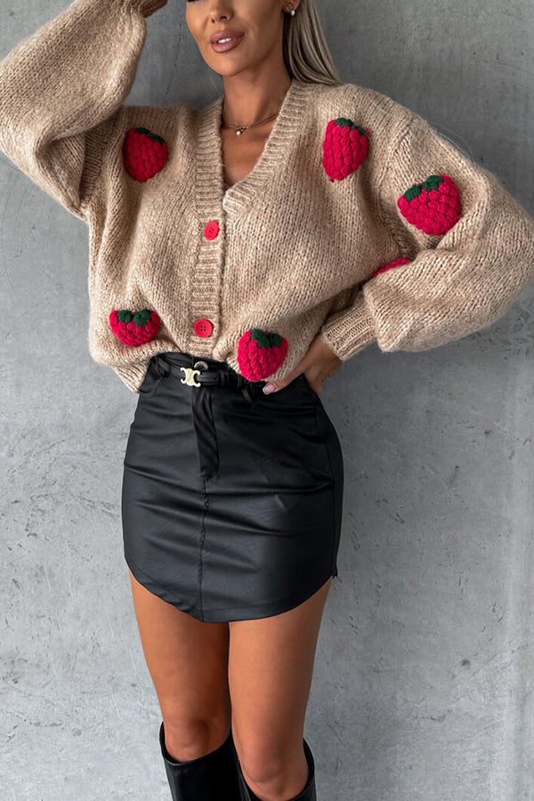 Sweet strawberry loose v-neck thick wool knitted top for women