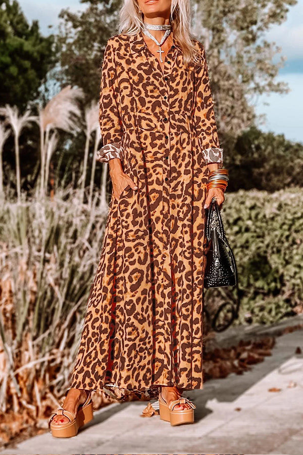 Leopard Print Button-Up Long Sleeve Maxi Dress