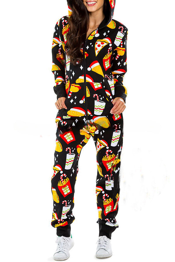 Christmas Print Zipper Pocketed Hooded Loungewear Jumpsuit