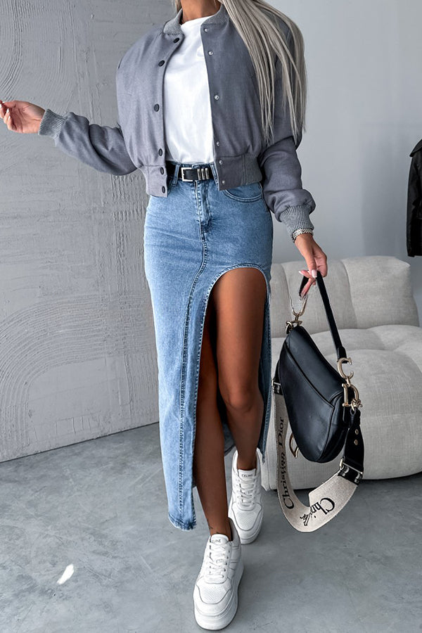 Updated Style Denim High Waisted Slit Irregular Midi Skirt