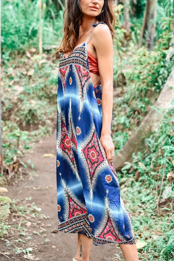 Free Spirit Boho Ethnic Print Loose Dungaree Jumpsuit