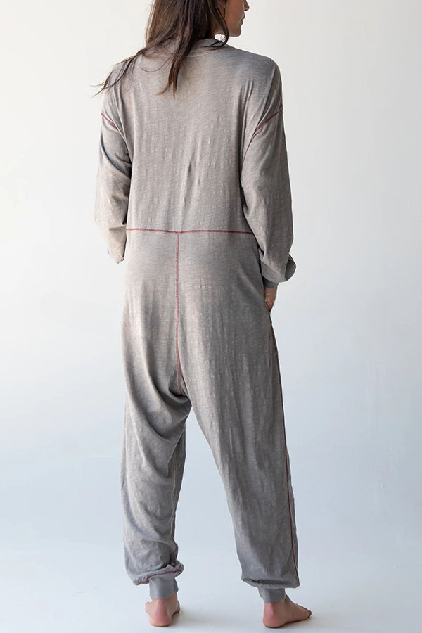 Home or Traveling Cotton Blend Long Sleeve Pocketed Loose Jumpsuit