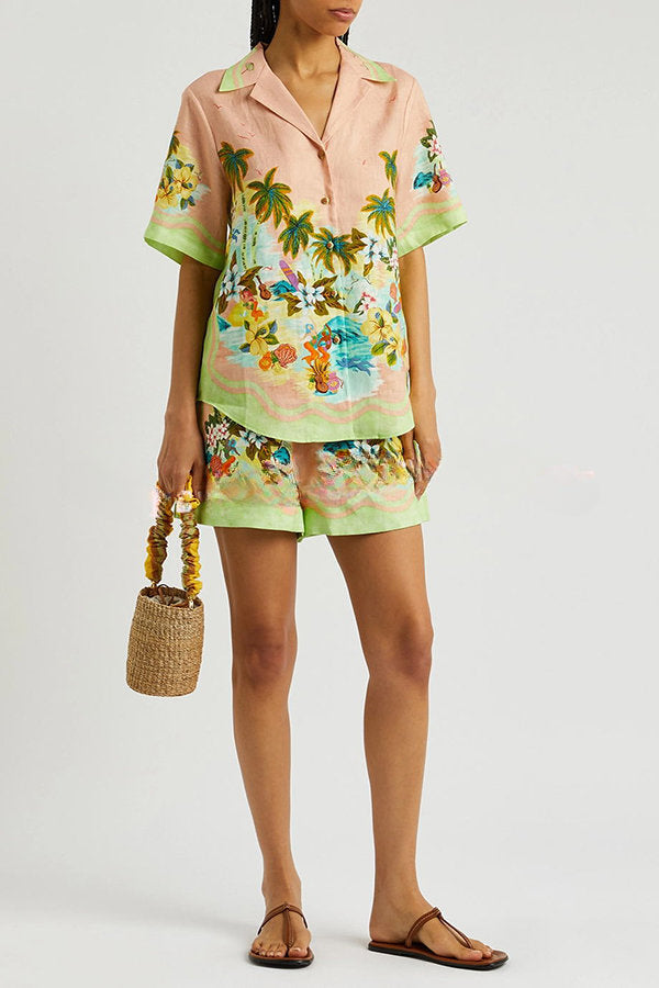 Coconut Scenery Linen Blend Tropical Print Blouse and Elastic Waist Pocketed Shorts Set